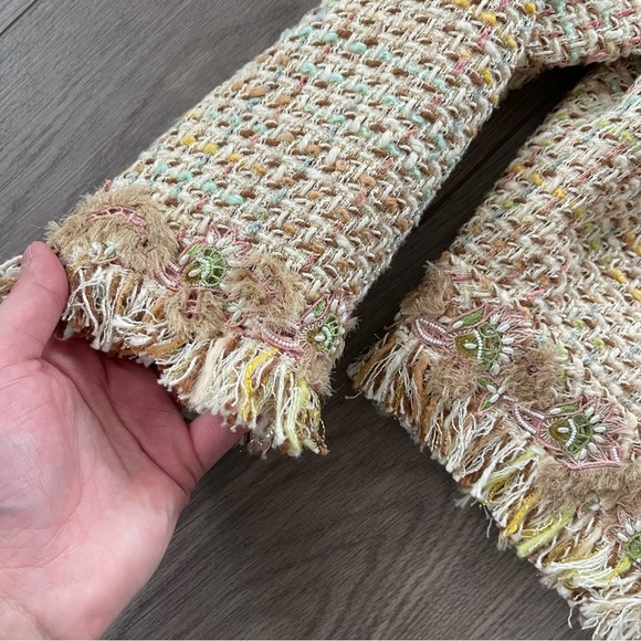 Cynthia Rose Cream Tweed Colorful Fringe Embroidered Coat - Picture 3 of 6